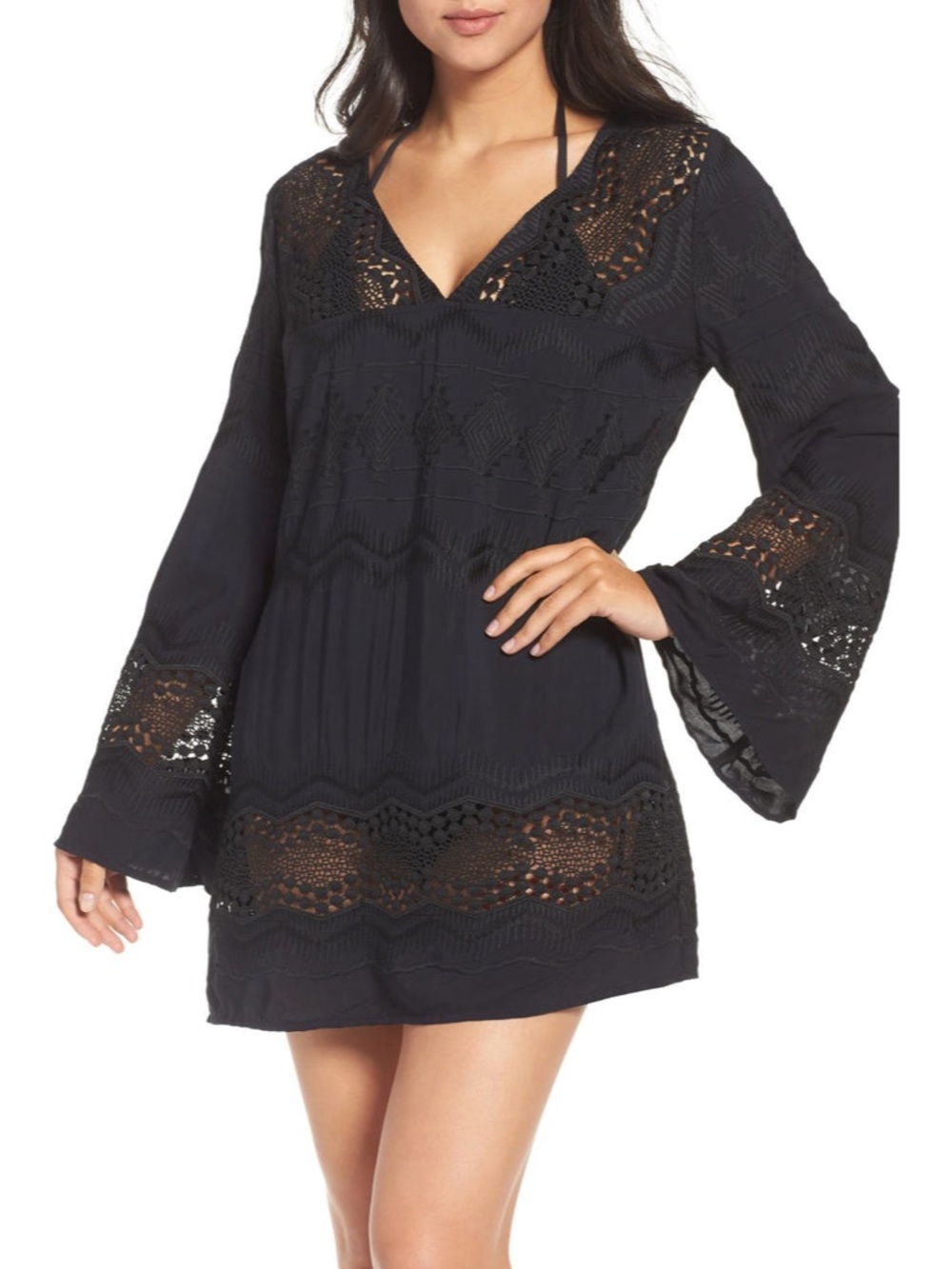 LA BLANCA Embroidered Black Cover Up Tunic Long Bell Sleeve Small Beach Boho